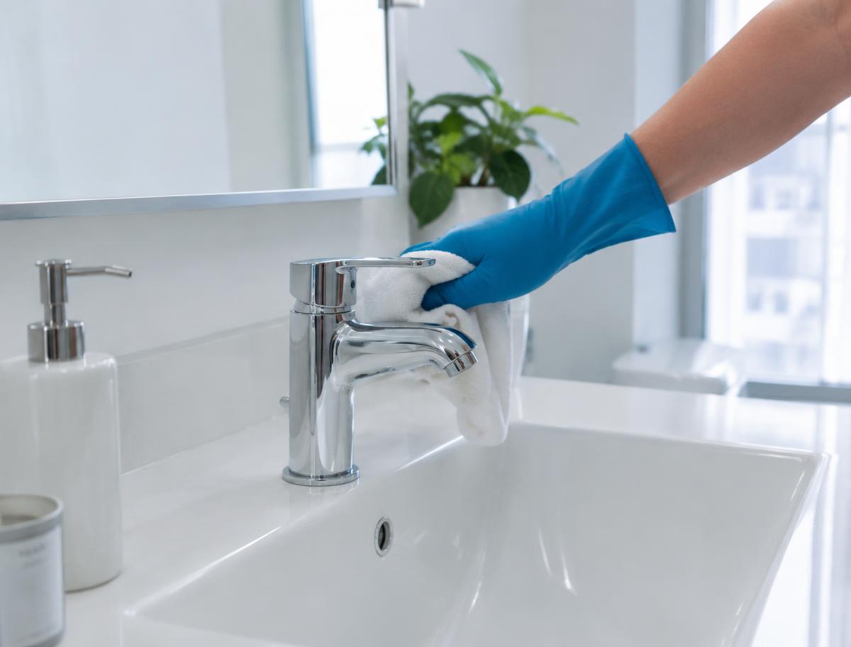 Cleaner polishing a bathroom faucet
