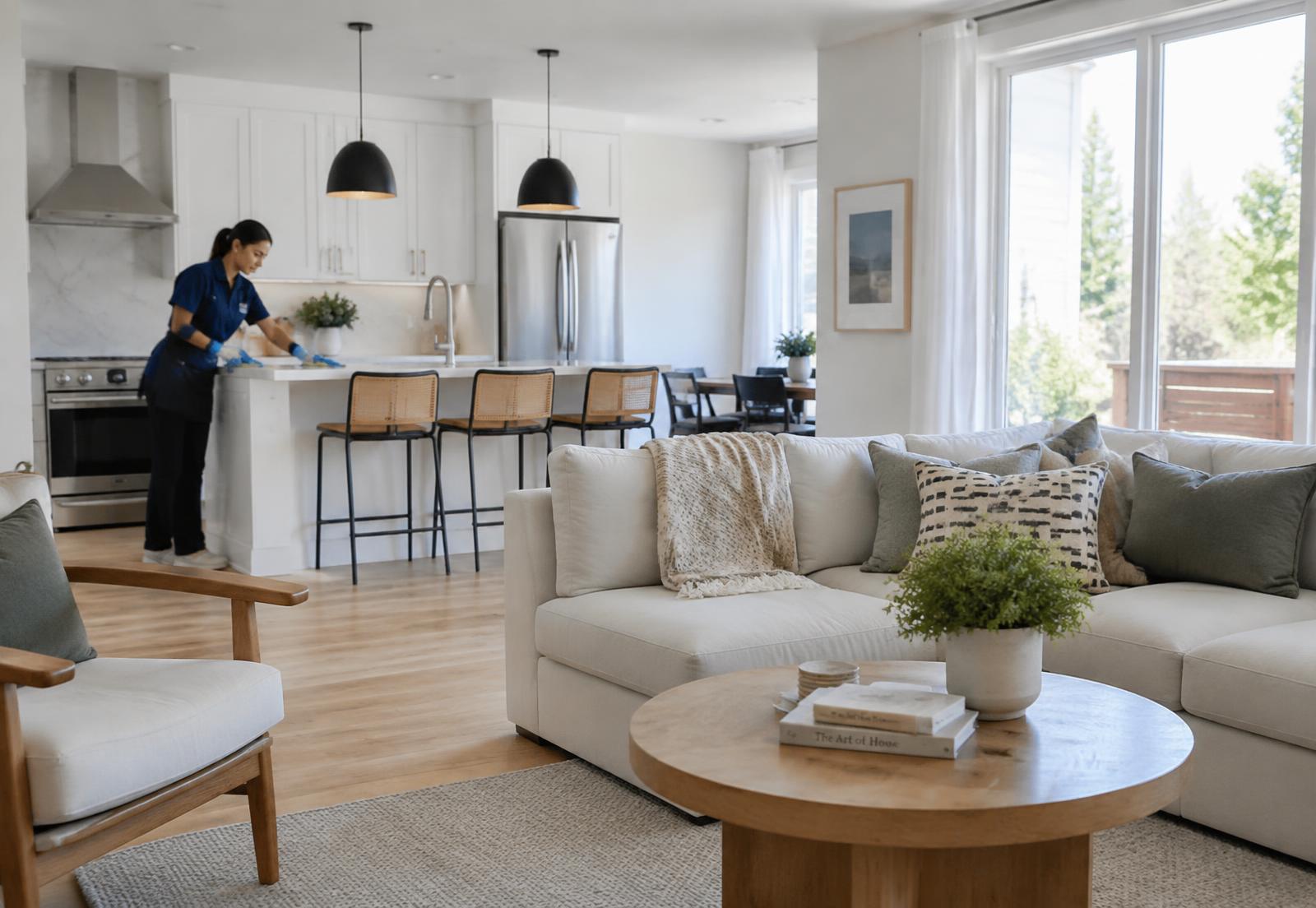 Professional cleaner wiping a kitchen island in a bright modern home